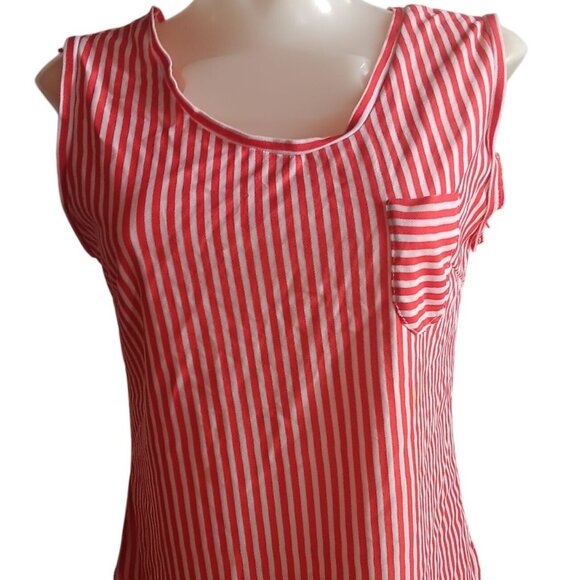 Vintage 70's Large Sleeveless Top Red & White Candy Stripe Womens Pocket Stretch - Picture 1 of 7